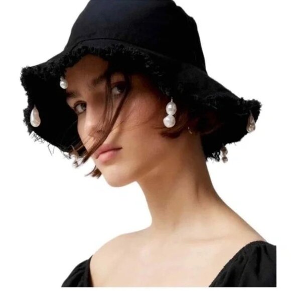 Serefina Accessories - Serefina Frayed Bucket Hat Pearl Embellished Black Cotton Boho NWOT